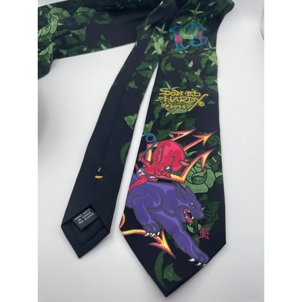 Ed Hardy by Christian Audigier Silk Tie Black Tattoo Panther Devil Rose Graphic